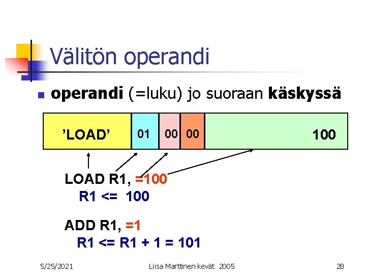 Välitön operandi (=luku) jo suoraan käskyssä ’LOAD’ 01 00 00 100 LOAD R 1, Välitön operandi (=luku) jo suoraan käskyssä ’LOAD’ 01 00 00 100 LOAD R 1,