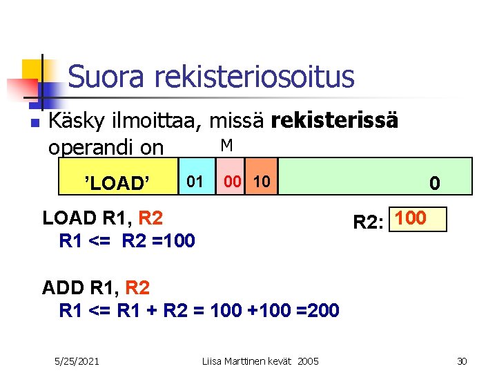 Suora rekisteriosoitus n Käsky ilmoittaa, missä rekisterissä M operandi on ’LOAD’ 01 00 10 Suora rekisteriosoitus n Käsky ilmoittaa, missä rekisterissä M operandi on ’LOAD’ 01 00 10