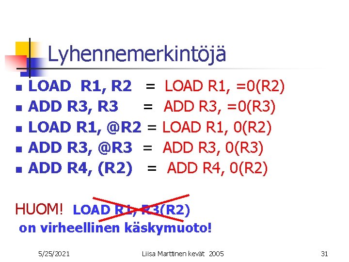 Lyhennemerkintöjä n n n LOAD R 1, R 2 = ADD R 3, R Lyhennemerkintöjä n n n LOAD R 1, R 2 = ADD R 3, R