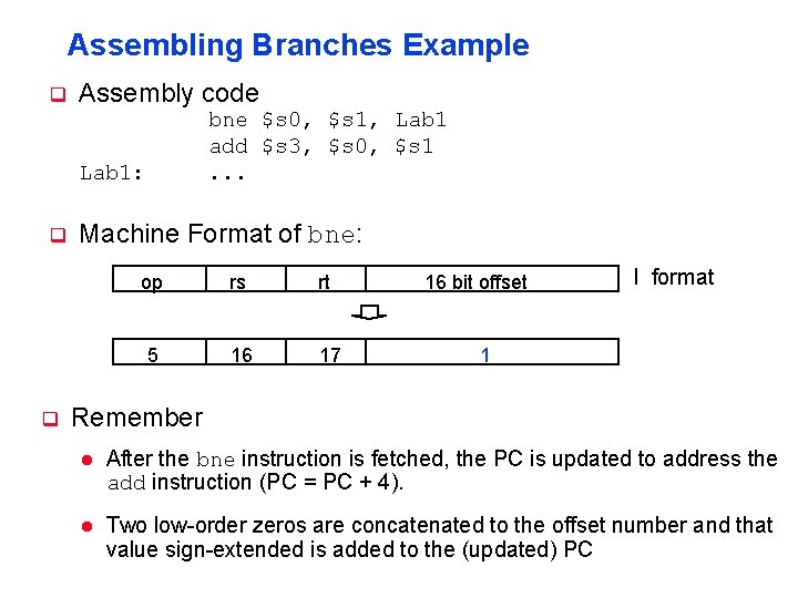 Assembling Branches Example q Assembly code bne $s 0, $s 1, Lab 1 add