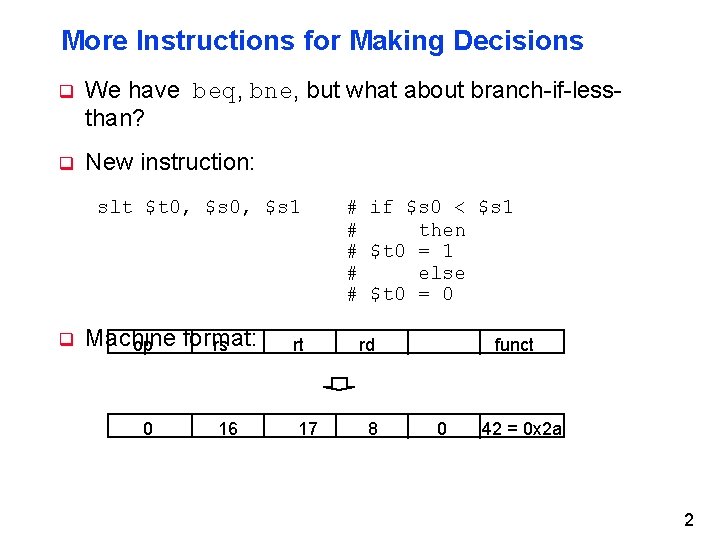 More Instructions for Making Decisions q We have beq, bne, but what about branch-if-lessthan?