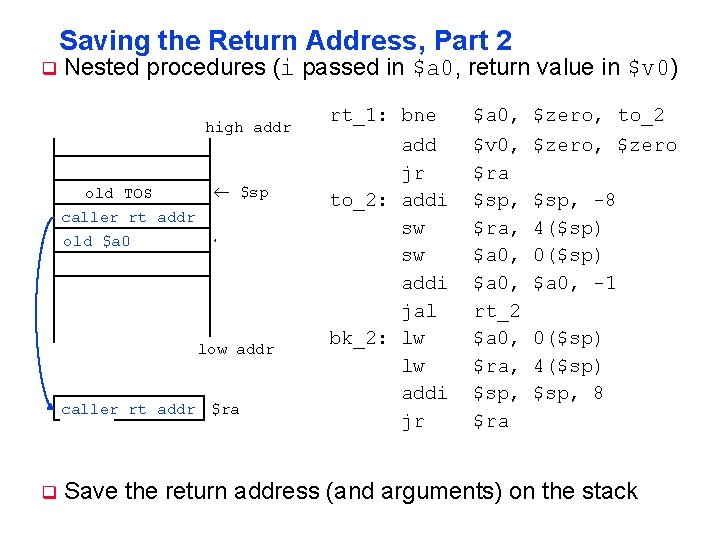 Saving the Return Address, Part 2 q Nested procedures (i passed in $a 0,