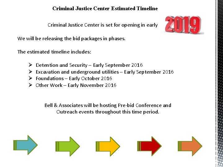 Criminal Justice Center Estimated Timeline Criminal Justice Center is set for opening in early