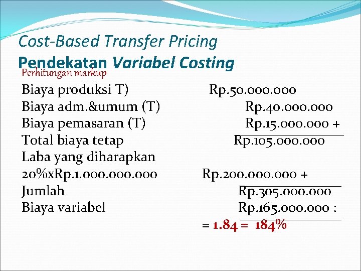 Cost-Based Transfer Pricing Pendekatan Variabel Costing Perhitungan markup Biaya produksi T) Biaya adm. &umum