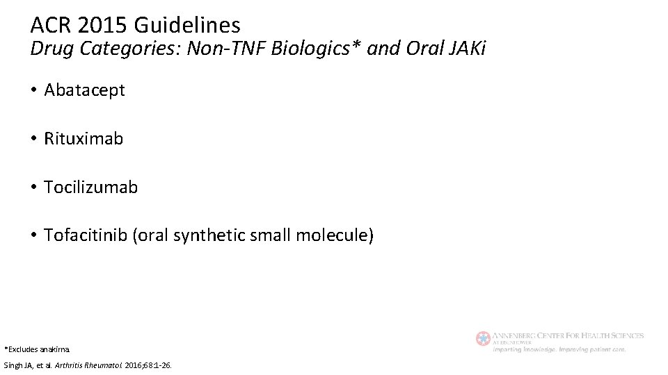 ACR 2015 Guidelines Drug Categories: Non-TNF Biologics* and Oral JAKi • Abatacept • Rituximab