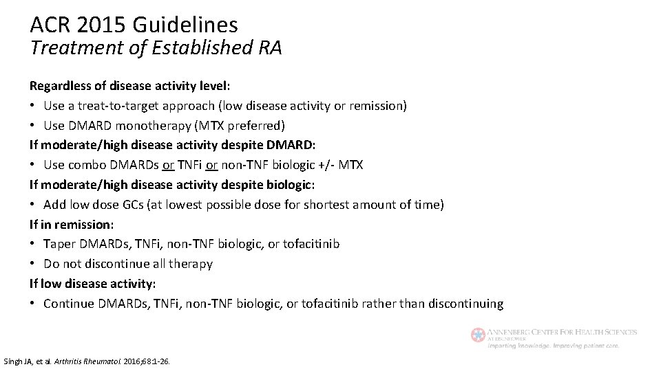 ACR 2015 Guidelines Treatment of Established RA Regardless of disease activity level: • Use