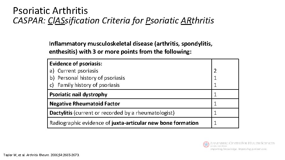 Psoriatic Arthritis CASPAR: Cl. ASsification Criteria for Psoriatic ARthritis Inflammatory musculoskeletal disease (arthritis, spondylitis,