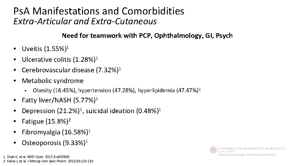 Ps. A Manifestations and Comorbidities Extra-Articular and Extra-Cutaneous Need for teamwork with PCP, Ophthalmology,