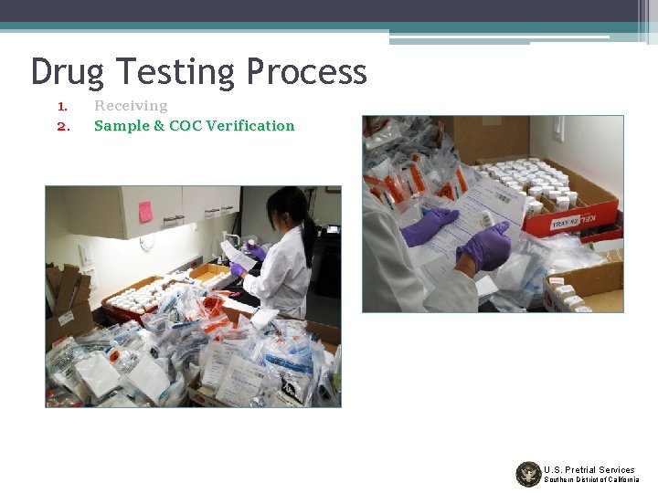 Drug Testing Process 1. 2. Receiving Sample & COC Verification U. S. Pretrial Services