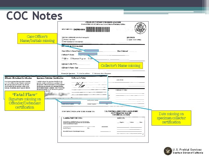 COC Notes Case Officer’s Name/Initials missing Collector’s Name missing “Fatal Flaw” Signature missing on