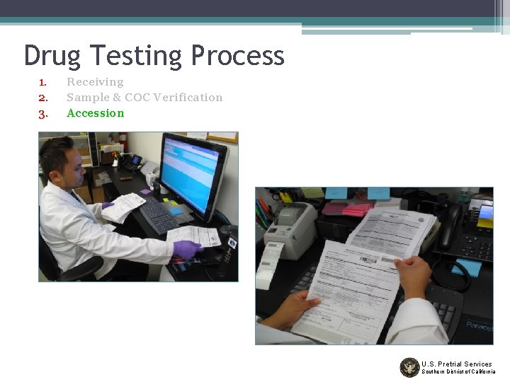 Drug Testing Process 1. 2. 3. Receiving Sample & COC Verification Accession U. S.