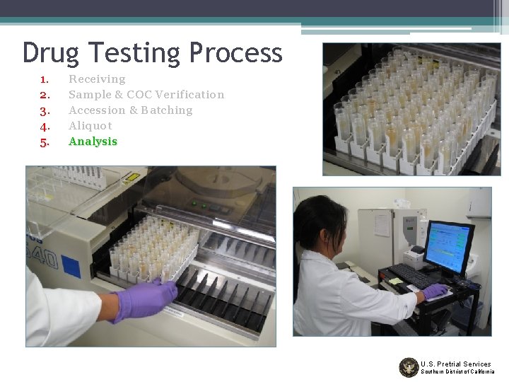 Drug Testing Process 1. 2. 3. 4. 5. Receiving Sample & COC Verification Accession