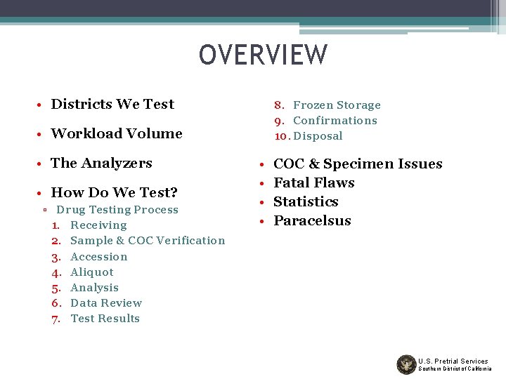 OVERVIEW • Districts We Test 8. Frozen Storage 9. Confirmations 10. Disposal • Workload