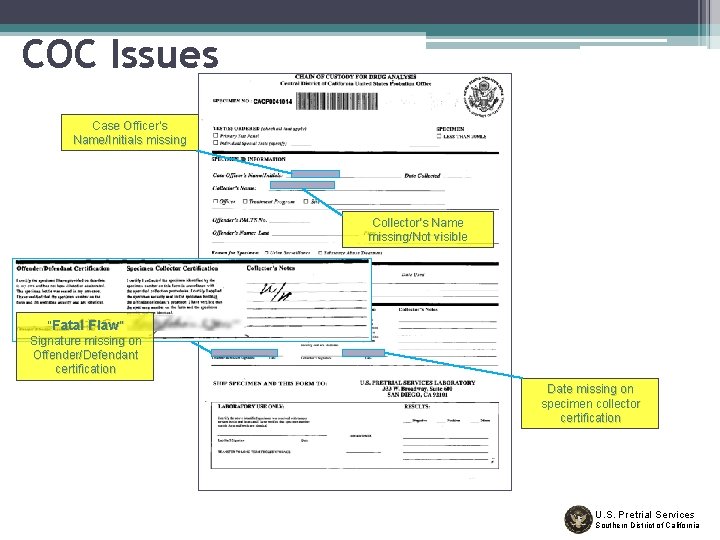 COC Issues Case Officer’s Name/Initials missing Collector’s Name missing/Not visible “Fatal Flaw” Signature missing