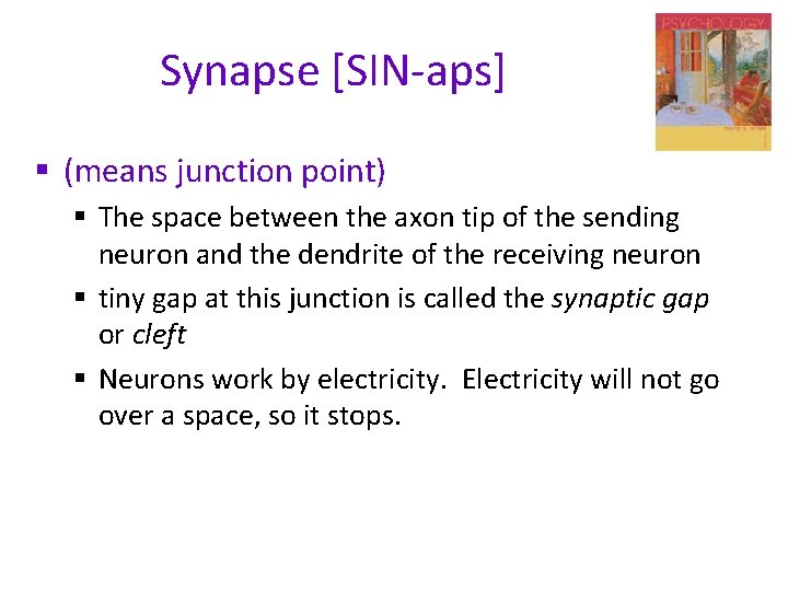 Synapse [SIN-aps] § (means junction point) § The space between the axon tip of