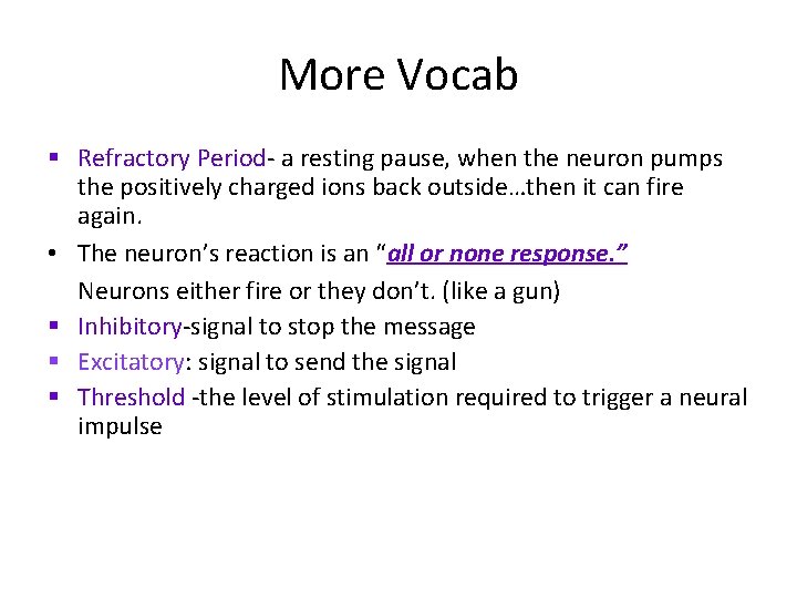 More Vocab § Refractory Period- a resting pause, when the neuron pumps the positively
