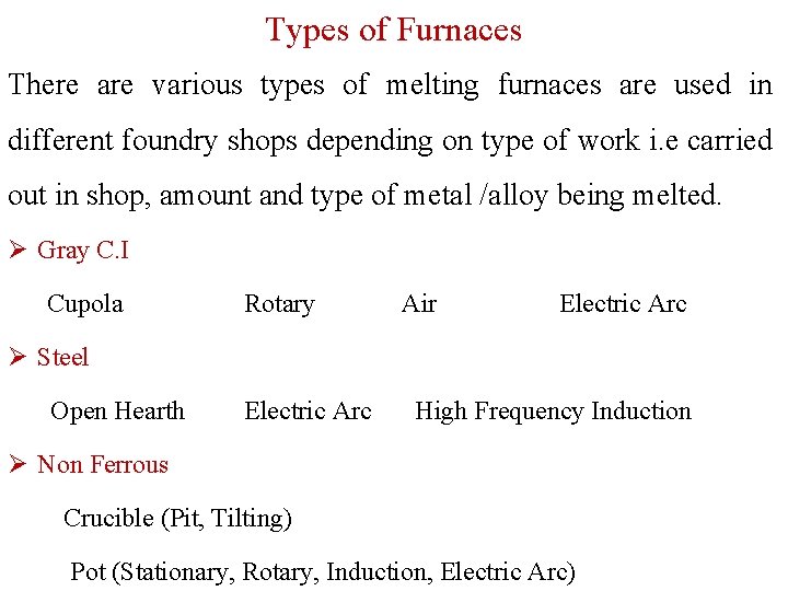 Types of Furnaces There are various types of melting furnaces are used in different