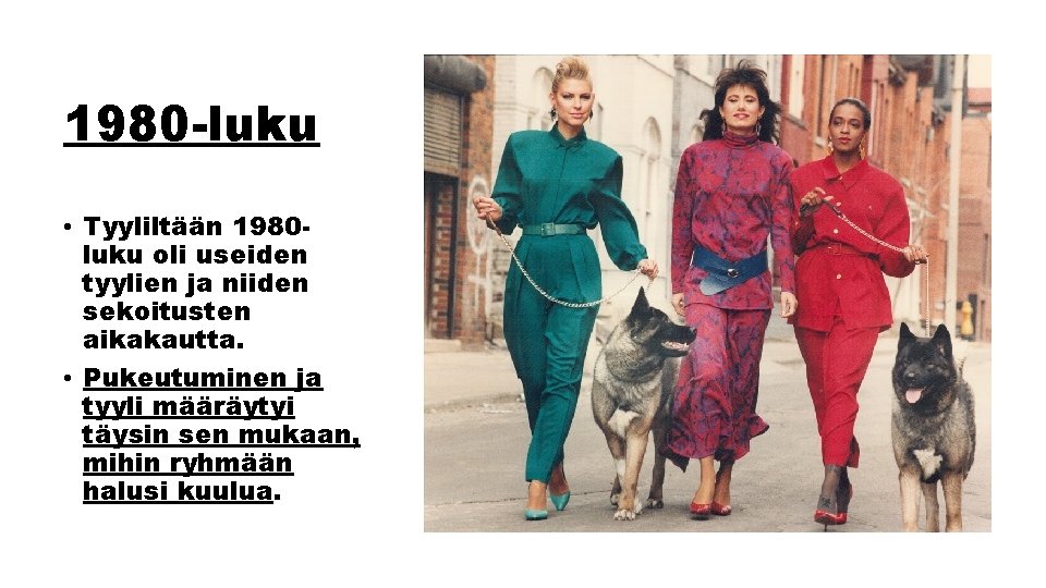 1980 luku • Tyyliltään 1980 luku oli useiden tyylien ja niiden sekoitusten aikakautta. •