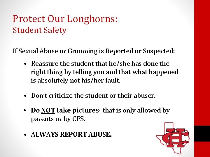 Protect Our Longhorns: Student Safety If Sexual Abuse or Grooming is Reported or Suspected: