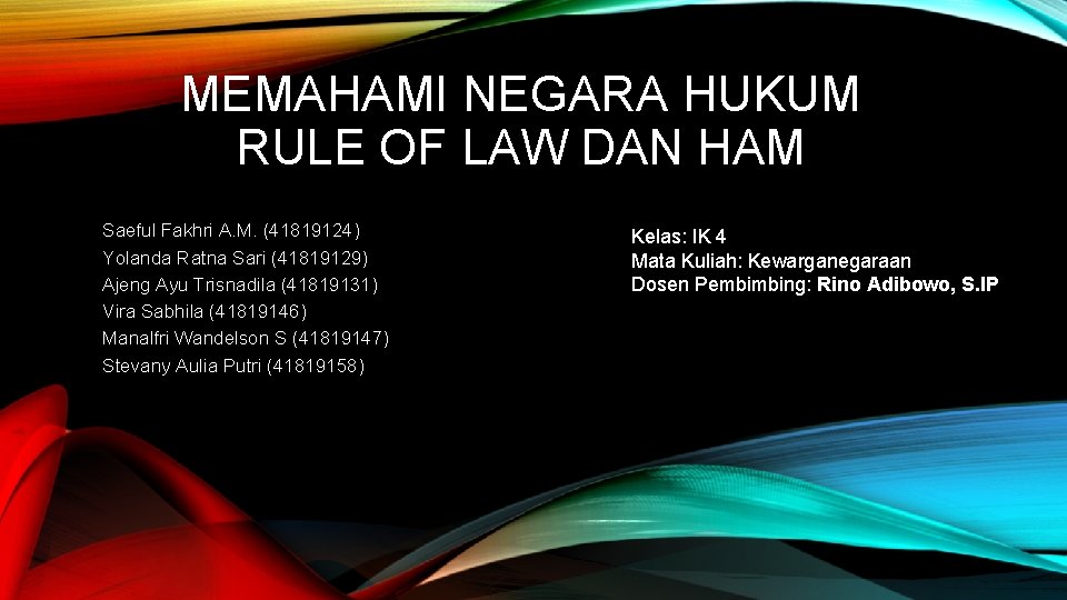 MEMAHAMI NEGARA HUKUM RULE OF LAW DAN HAM Saeful Fakhri A. M. (41819124) Yolanda