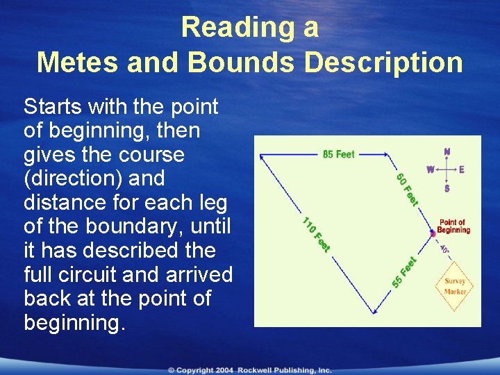 Reading a Metes and Bounds Description Starts with the point of beginning, then gives