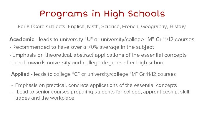 Programs in High Schools For all Core subjects: English, Math, Science, French, Geography, History