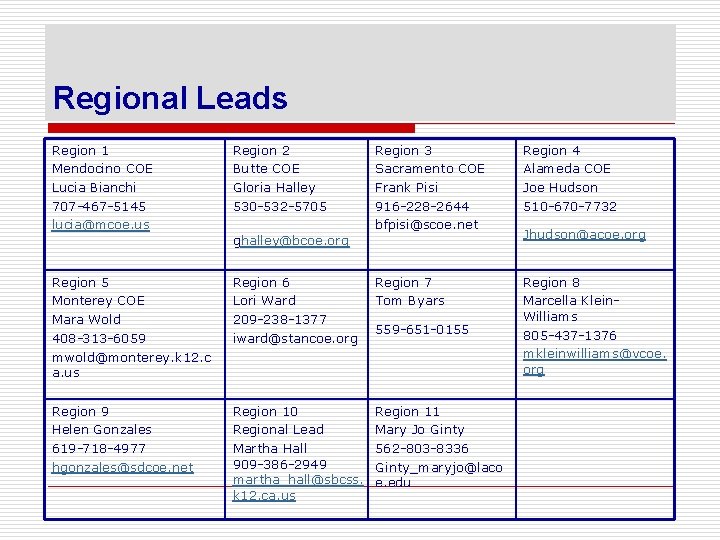 Regional Leads Region 1 Mendocino COE Lucia Bianchi 707 -467 -5145 lucia@mcoe. us Region