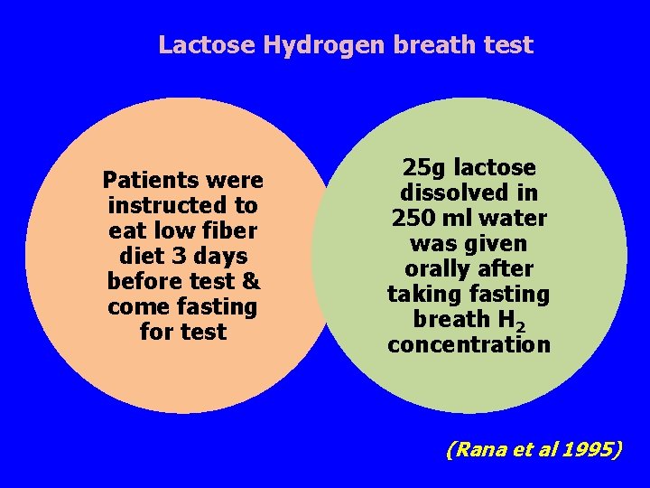 Lactose Hydrogen breath test Patients were instructed to eat low fiber diet 3 days