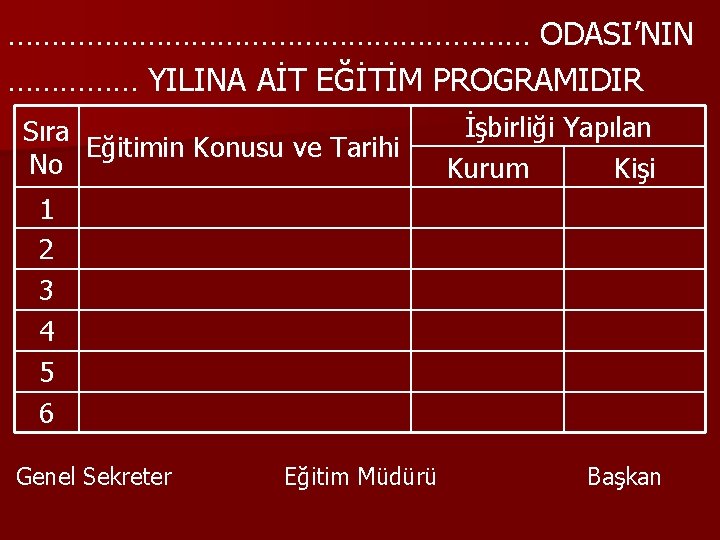 ………………………… ODASI’NIN …………… YILINA AİT EĞİTİM PROGRAMIDIR Sıra Eğitimin Konusu ve Tarihi No İşbirliği