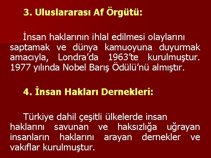 3. Uluslararası Af Örgütü: İnsan haklarının ihlal edilmesi olaylarını saptamak ve dünya kamuoyuna duyurmak