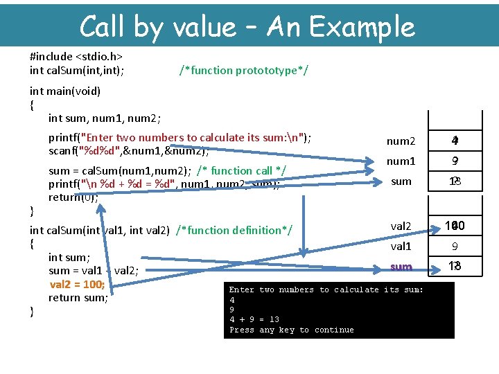 Call by value – An Example #include <stdio. h> int cal. Sum(int, int); /*function