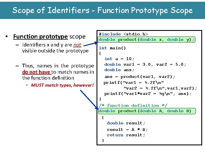 Scope of Identifiers - Function Prototype Scope • Function prototype scope – Identifiers x