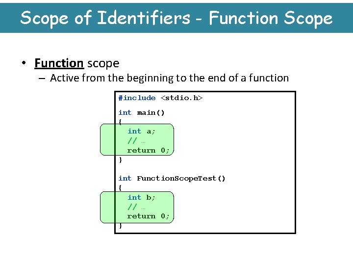 Scope of Identifiers - Function Scope • Function scope – Active from the beginning