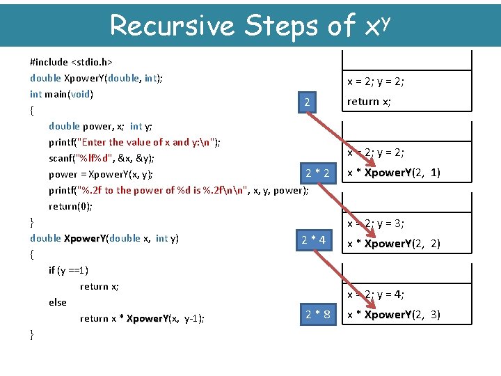 Recursive Steps of xy #include <stdio. h> double Xpower. Y(double, int); int main(void) 2