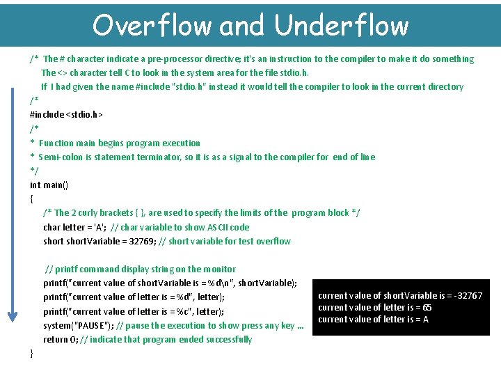 Overflow and Underflow /* The # character indicate a pre-processor directive; it's an instruction