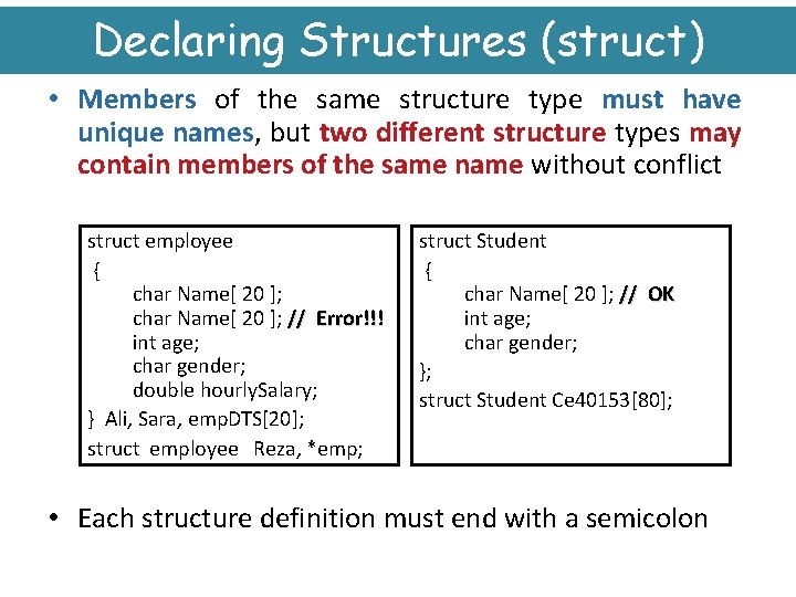 Declaring Structures (struct) • Members of the same structure type must have unique names,