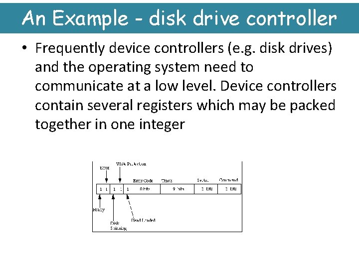 An Example - disk drive controller • Frequently device controllers (e. g. disk drives)