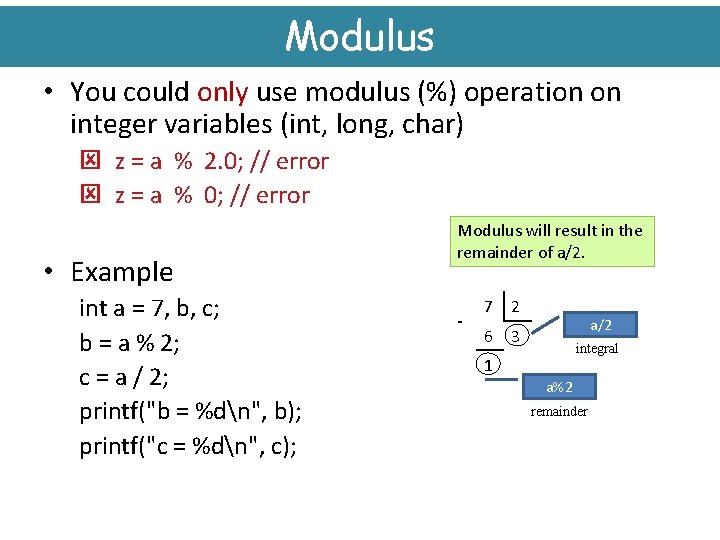 Modulus • You could only use modulus (%) operation on integer variables (int, long,