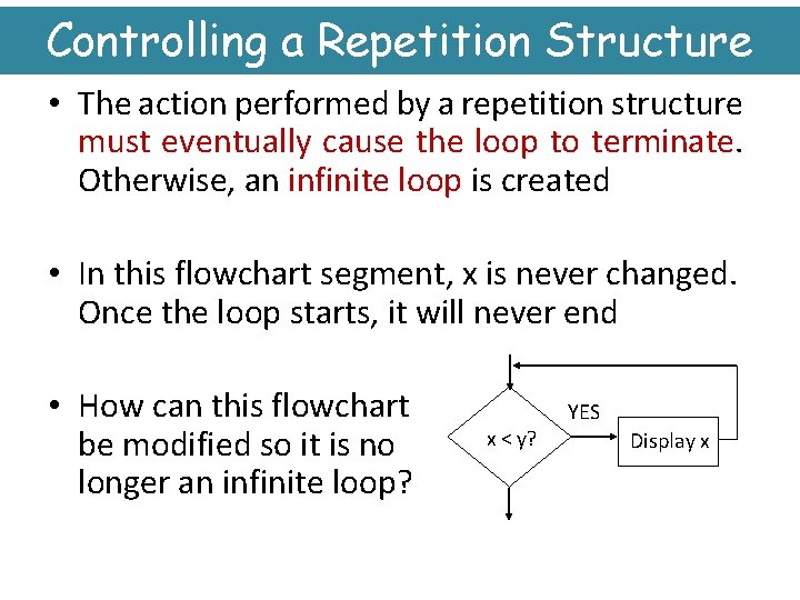 Controlling a Repetition Structure • The action performed by a repetition structure must eventually