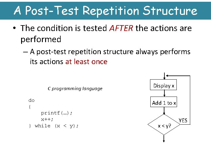 A Post-Test Repetition Structure • The condition is tested AFTER the actions are performed