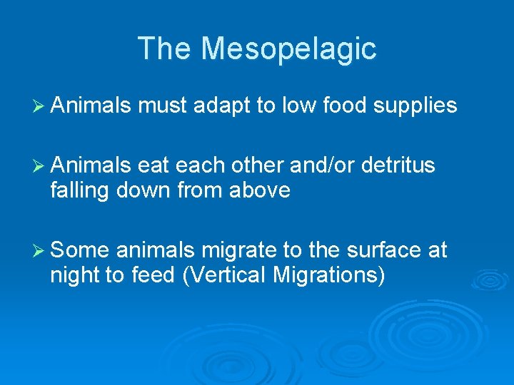 The Mesopelagic Ø Animals must adapt to low food supplies Ø Animals eat each