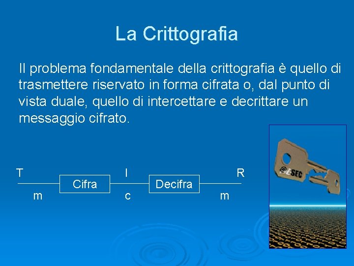 La Crittografia Il problema fondamentale della crittografia è quello di trasmettere riservato in forma