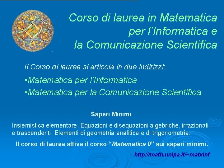 Corso di laurea in Matematica per l’Informatica e la Comunicazione Scientifica Il Corso di