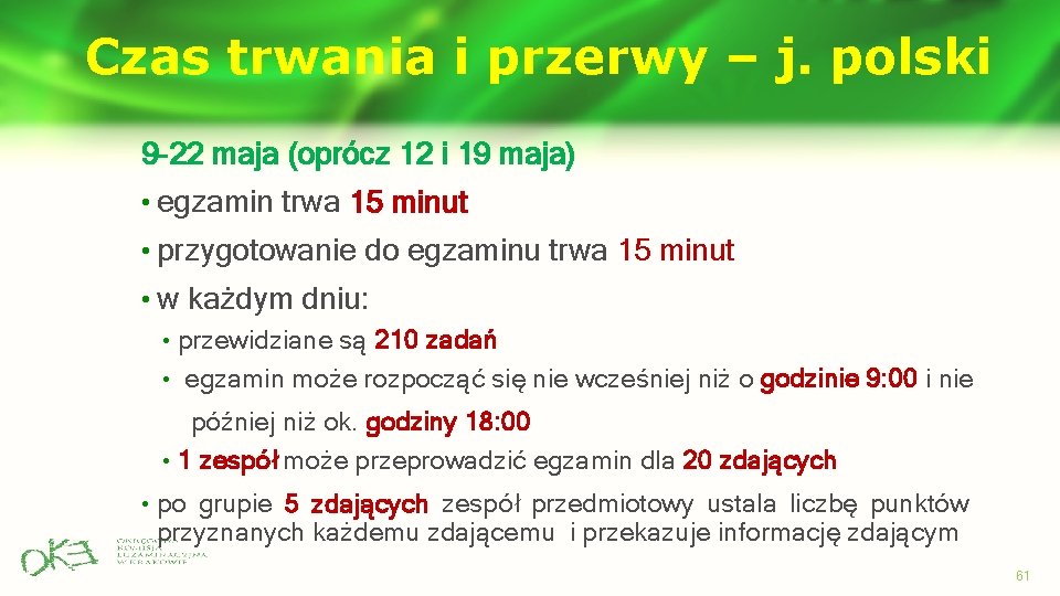 Czas trwania i przerwy – j. polski 9 -22 maja (oprócz 12 i 19