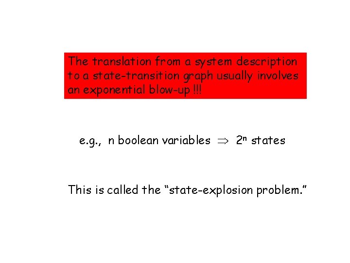 The translation from a system description to a state-transition graph usually involves an exponential