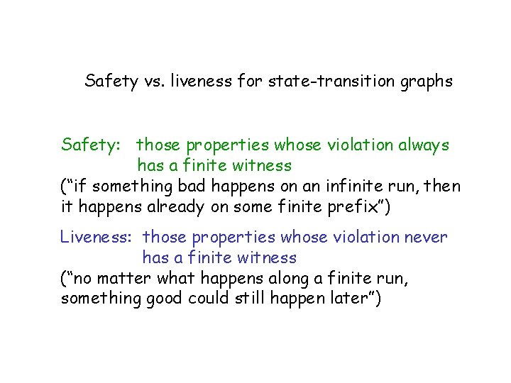 Safety vs. liveness for state-transition graphs Safety: those properties whose violation always has a