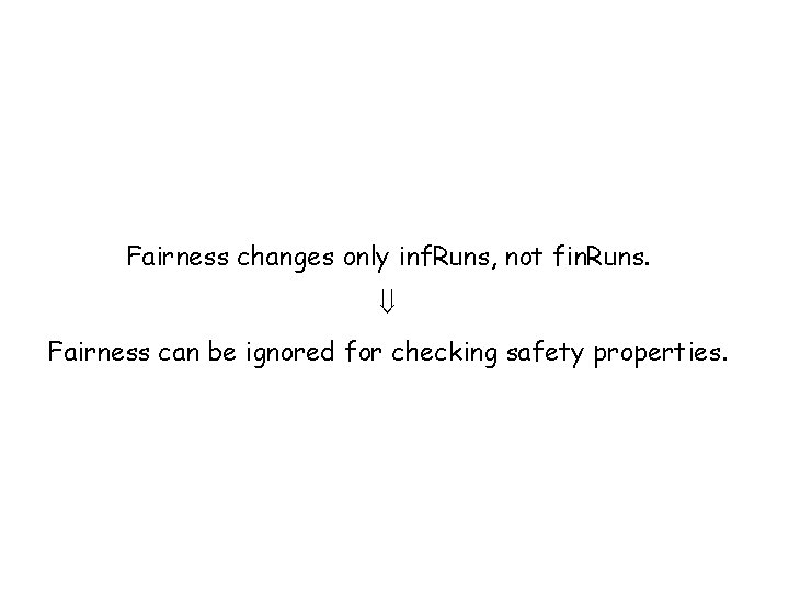 Fairness changes only inf. Runs, not fin. Runs. Fairness can be ignored for checking