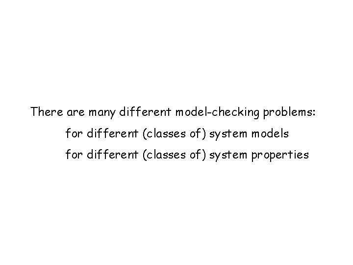 There are many different model-checking problems: for different (classes of) system models for different