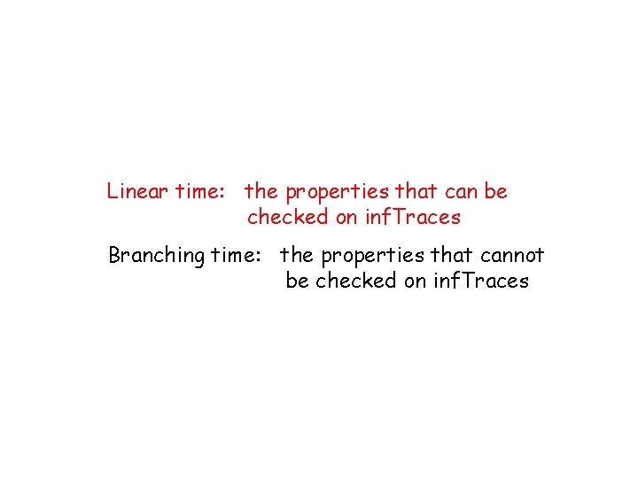 Linear time: the properties that can be checked on inf. Traces Branching time: the