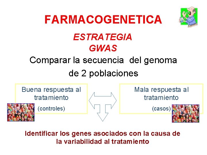 FARMACOGENETICA ESTRATEGIA GWAS Comparar la secuencia del genoma de 2 poblaciones Buena respuesta al